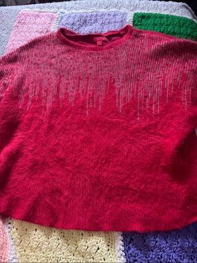 Jennifer Lopez Fuzzy Red Sweater with Metallic Thread Detail